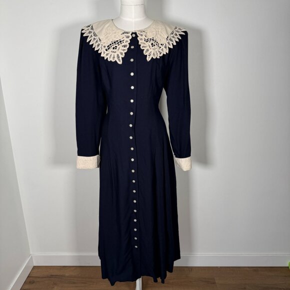 Vintage Navy Maxi Dress Lace Statement Collar Long Sleeve Modest Victorian L - Picture 2 of 13
